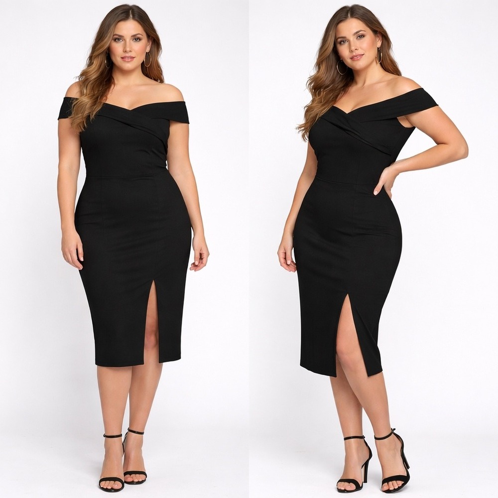 Lulus Black Off The‎ Shoulder Midi Dress XL Front Slit Cocktail Formal NWT